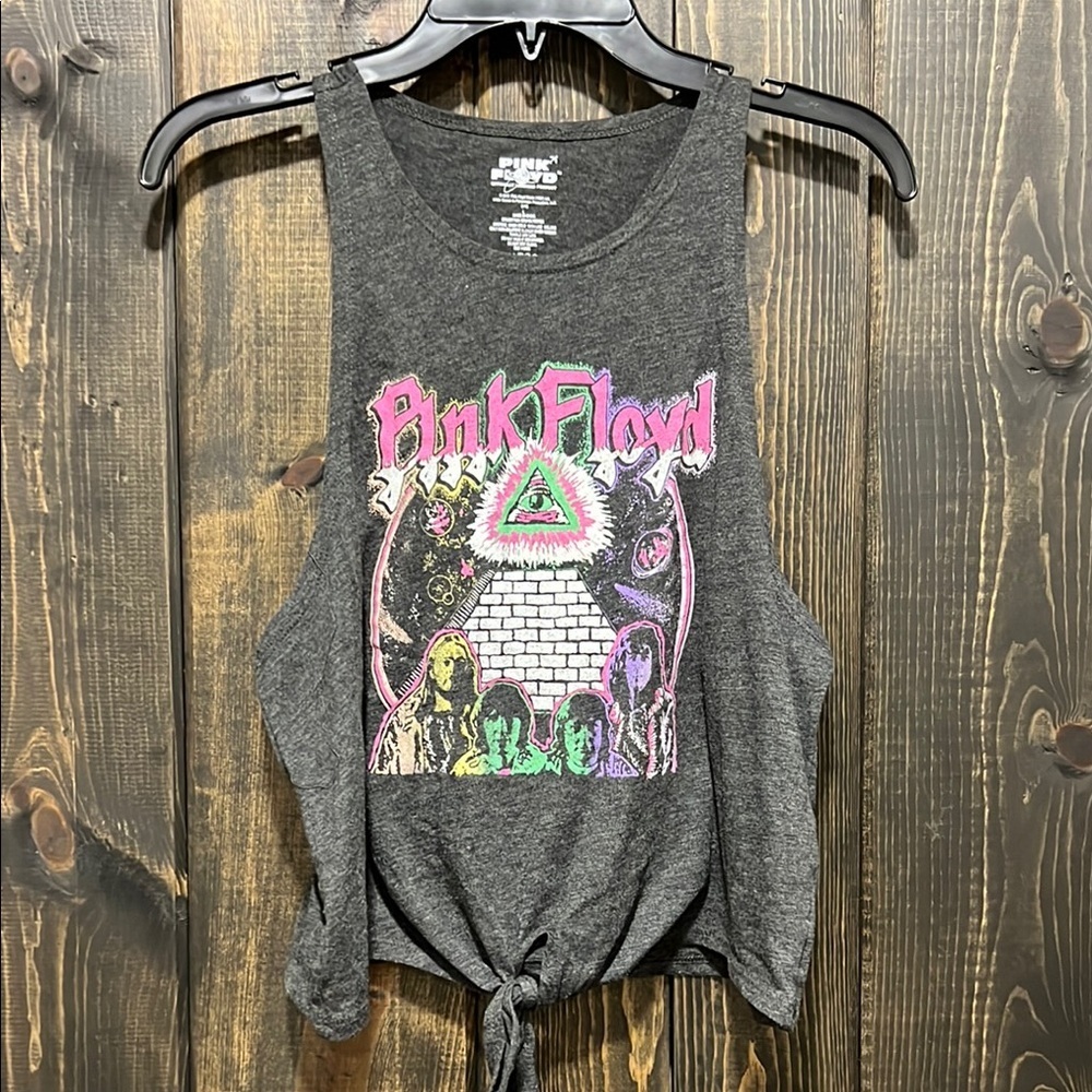 Pink Floyd Graphic Tank Top L Tie Front Grey Band‎ Tee Sleeveless Rock Festival